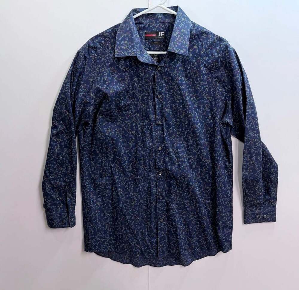 JF J.Ferrar Dress Shirt Size 16-16.5 32-33 Blue Floral Slim Stretch